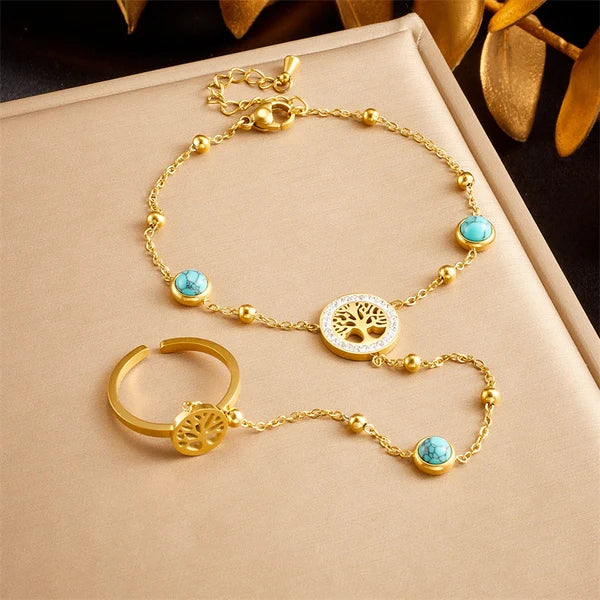 Stainless Steel Zircon Handchain: Turquoise Stone