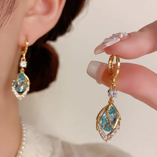 14K Real Gold Plated Blue Gem Droplet Earrings