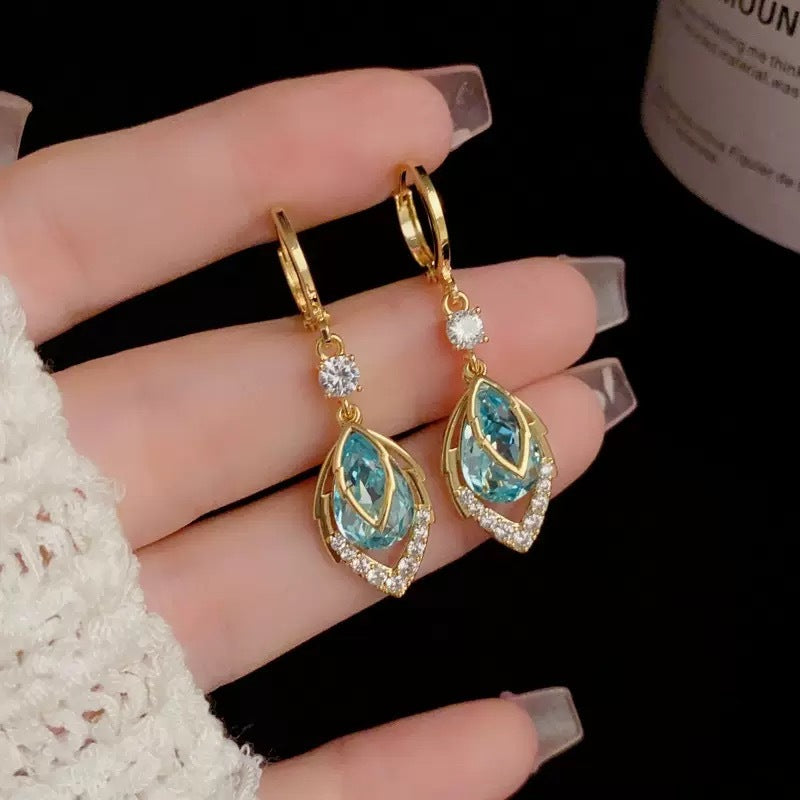 14K Real Gold Plated Blue Gem Droplet Earrings