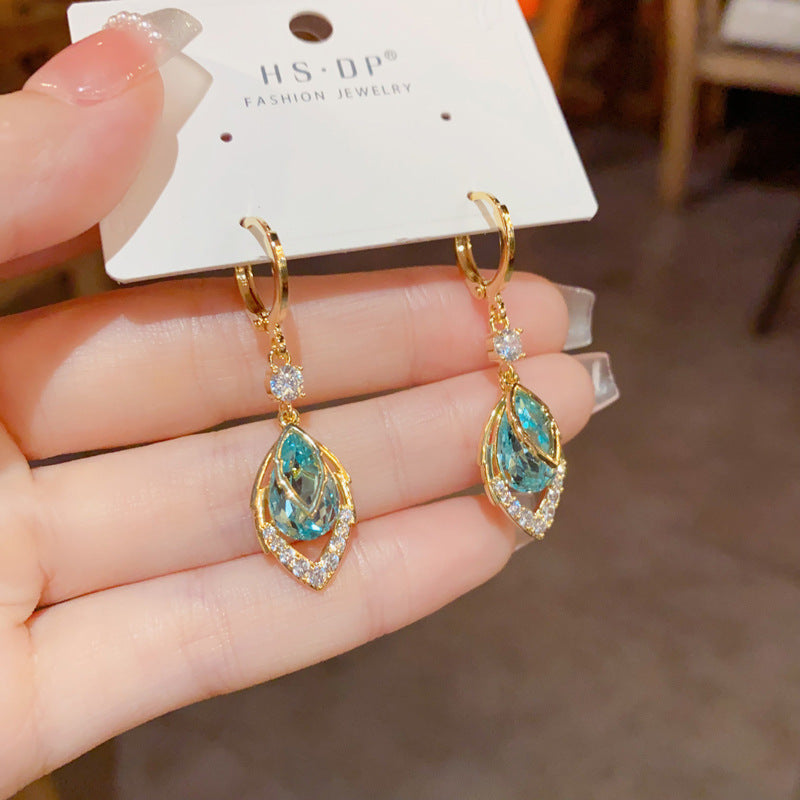 14K Real Gold Plated Blue Gem Droplet Earrings