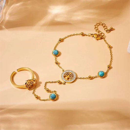 Stainless Steel Zircon Handchain: Turquoise Stone