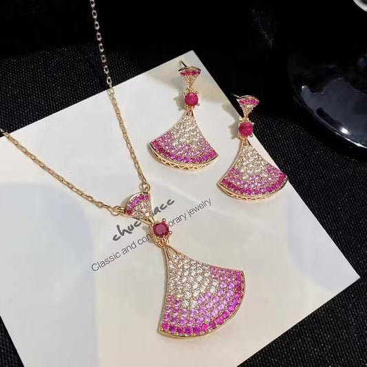 18K Gold Plated Stainless Steel Diamond Pendant Necklace & Earrings Set