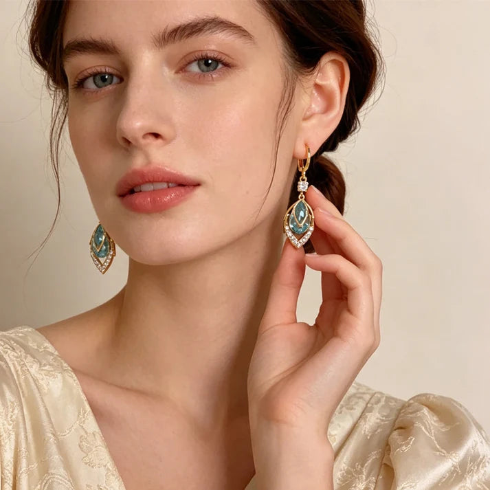 14K Real Gold Plated Blue Gem Droplet Earrings