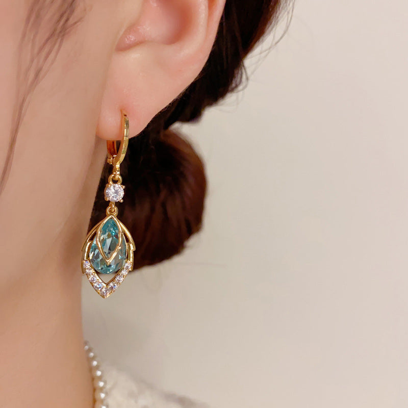 14K Real Gold Plated Blue Gem Droplet Earrings